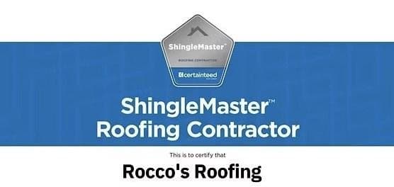 CertainTeed ShingleMaster Roofing Contractor certificate for Rocco's Roofing